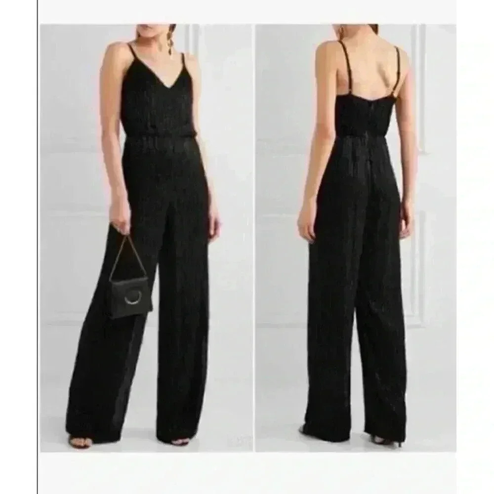 Alice + Olivia Beaded Sequin Mesh Overlay Straight Leg Jumpsuit Black Size 0